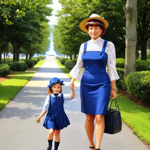 how to increase resolution of image - a woman and a little girl walking down a street holding hands and wearing blue dresses and hats with trees in the background, by Julie Blackmon