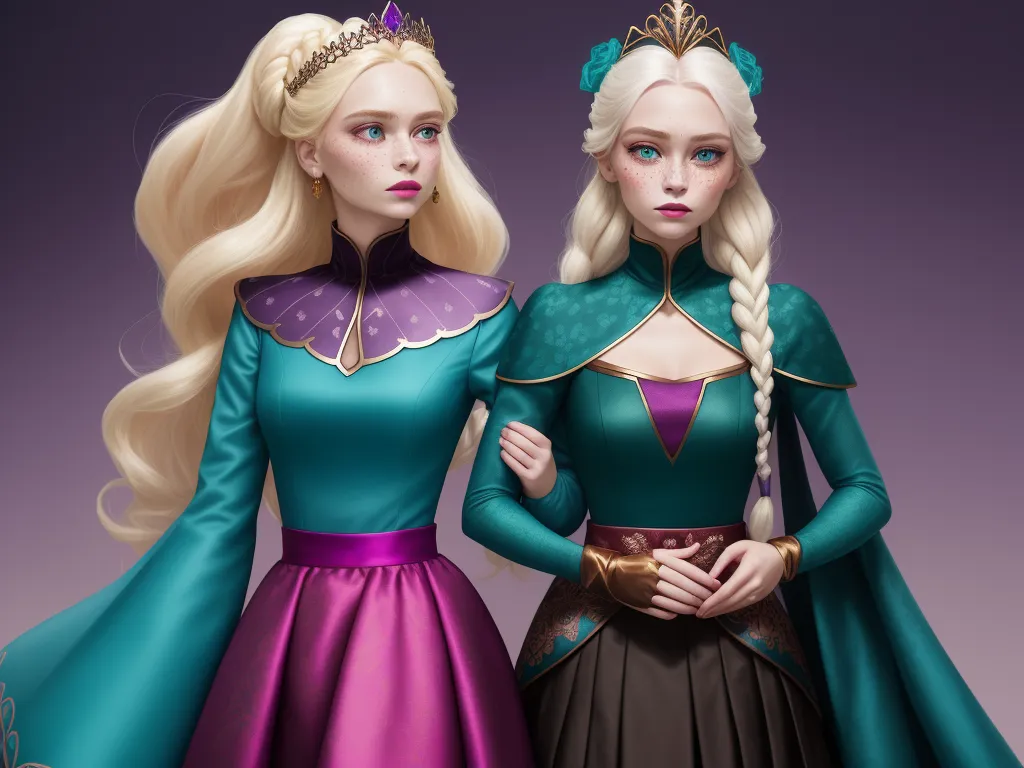 best ai image app - two women dressed in princess dresses standing next to each other, one wearing a tiara and the other wearing a dress with a long braid, by Lois van Baarle