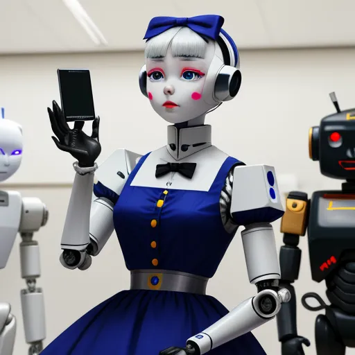 best ai picture generator - a robot girl holding a cell phone in her hand and a robot behind her with a camera in her hand, by Terada Katsuya