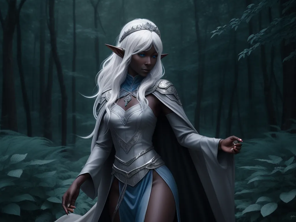 turn photo hd - a woman in a white dress and a black cape in a forest with trees and bushes, with a sword in her hand, by Antonio J. Manzanedo