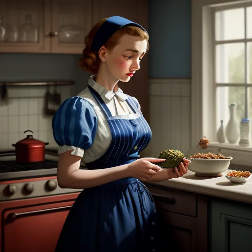 a woman in a blue dress is holding a bowl of food in a kitchen with a window behind her, by Pixar Concept Artists
