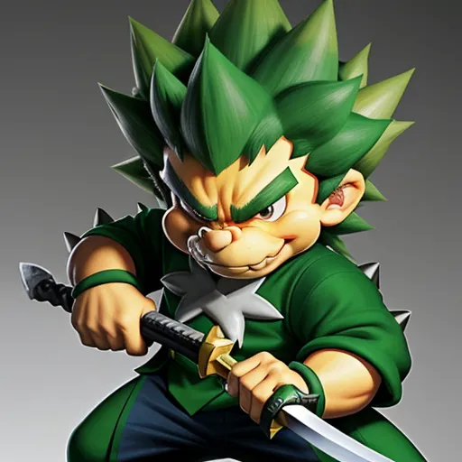 a cartoon character with a sword and a green outfit on a gray background with a shadow of a demon, by Gatōken Shunshi