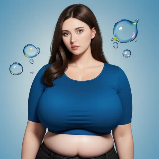 a woman with a blue shirt and black pants is standing in front of bubbles of soap on a blue background, by Botero