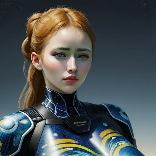 a woman with a futuristic suit and a blue background is shown in this digital painting style photo of a woman with a futuristic suit and a, by Terada Katsuya