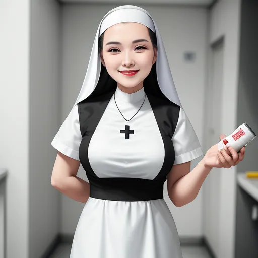 a woman in a nun costume holding a can of paint and a can of toothpaste in her hand, by Chen Daofu