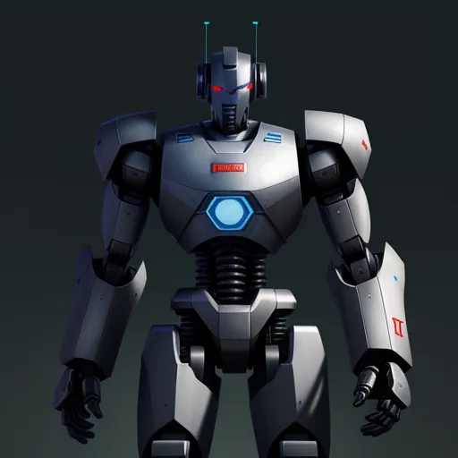 a robot with a large body and a big head, standing in front of a dark background, with a red light on its head, by Pixar Concept Artists