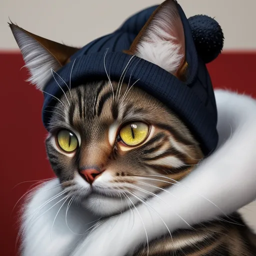 a cat wearing a hat and scarf around its neck with a red wall in the background and a red wall in the background, by Daniela Uhlig