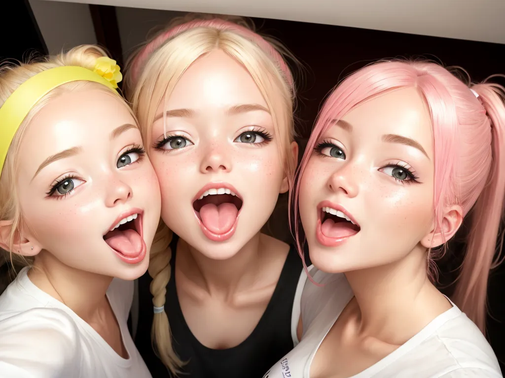 text ai image generator - three girls with pink hair and blue eyes are making funny faces and sticking their tongues out to the camera, by Terada Katsuya