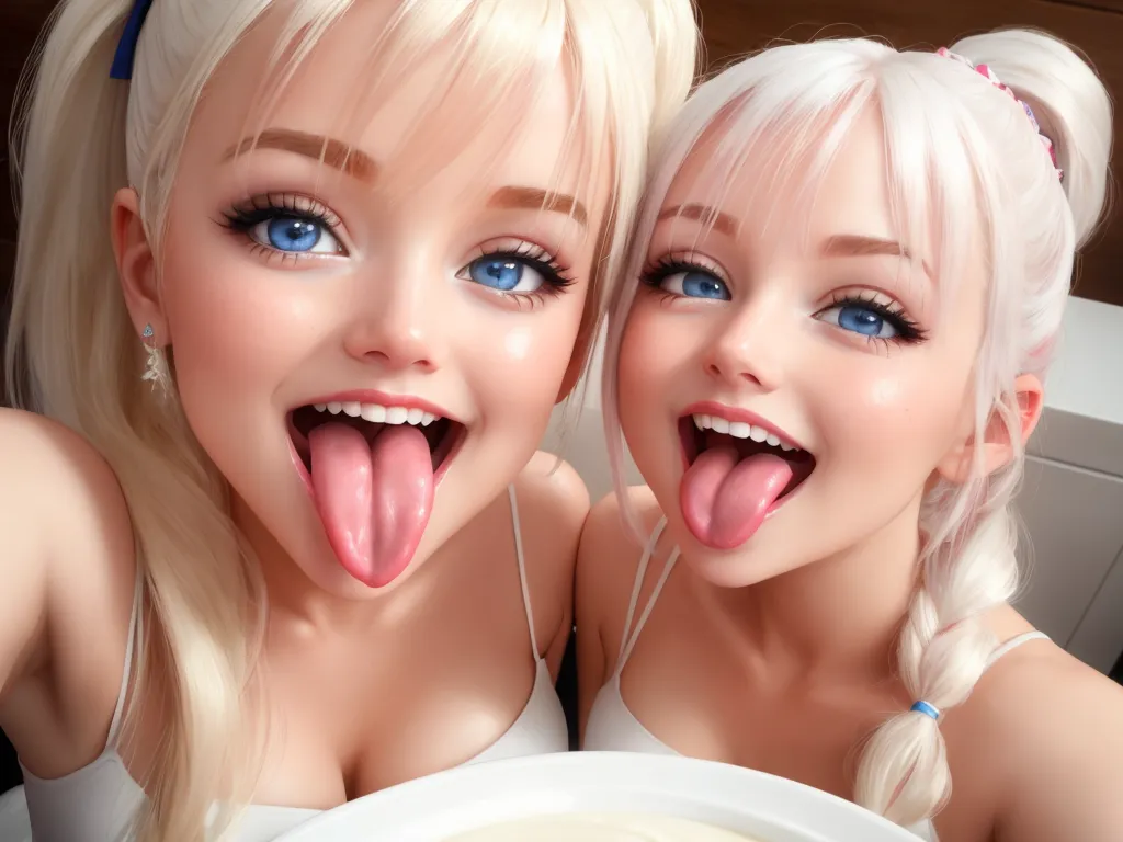 nsfw ai image generator - two blonde girls sticking their tongues out over a bowl of soup with their mouths open and their mouths open, by Sailor Moon