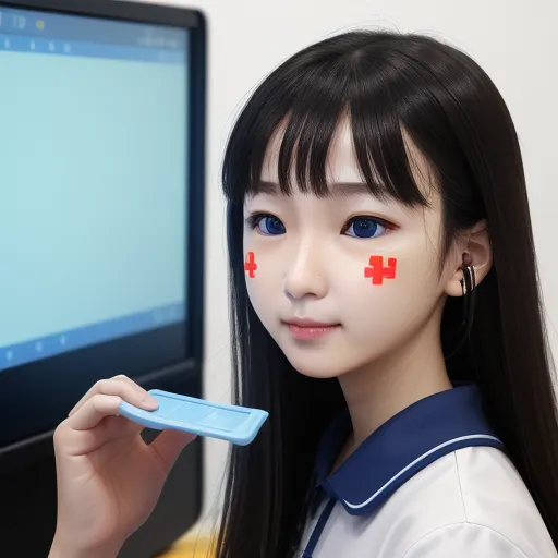 a girl with a cross painted on her face holding a remote control in front of a computer screen with a red cross on her face, by Terada Katsuya