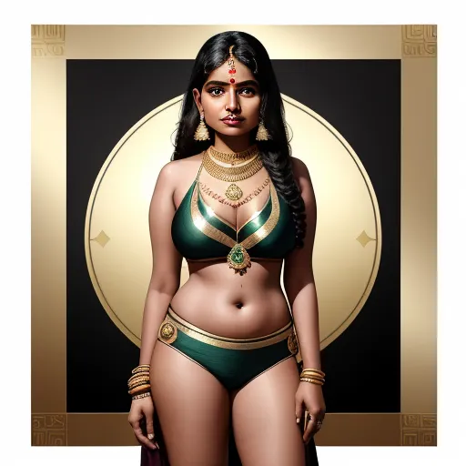a woman in a bikini and gold jewelry is standing in front of a golden circle with a gold frame, by Raja Ravi Varma
