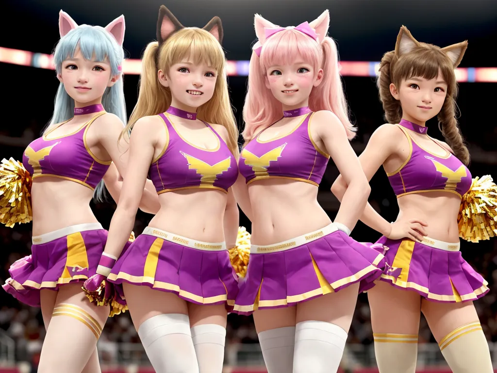 convert to 4k photo - three anime girls in cheerleader outfits standing in a stadium with a crowd watching them from the stands and a stadium, by Terada Katsuya