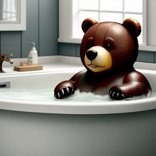 a brown teddy bear sitting in a bathtub with soap on it's feet and a window behind it, by Toei Animations