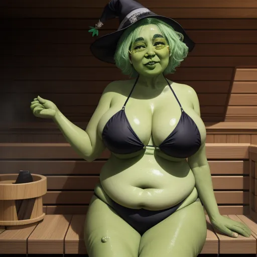 a woman in a bikini and witches hat in a sauna sauna with a steam room in the background, by Rumiko Takahashi