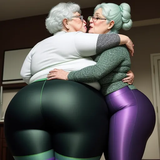 ai generated images free - a woman in tights hugging another woman in tights and stockings in a room with a door and a window, by Botero