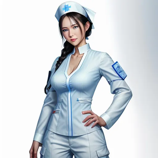a woman in a nurse uniform is posing for a picture in a white background with a blue cross on her chest, by Hanabusa Itchō