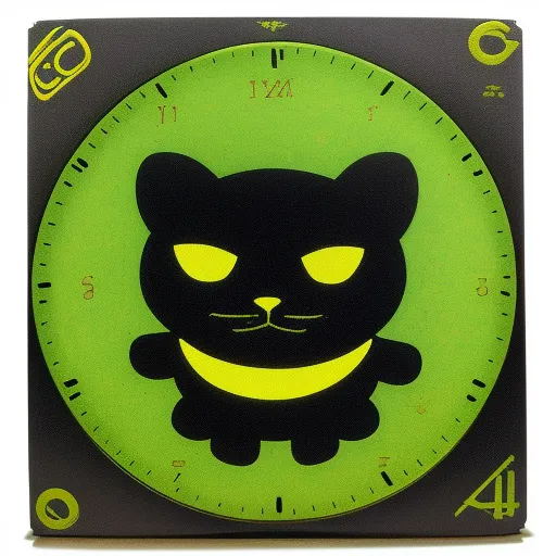 4k quality converter - a clock with a black cat on it's face and yellow eyes on it's face, with a green background, by Terada Katsuya