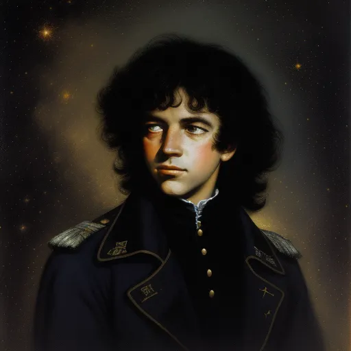 a painting of a man in a uniform with stars in the background and a star filled sky behind him, by Basil Gogos