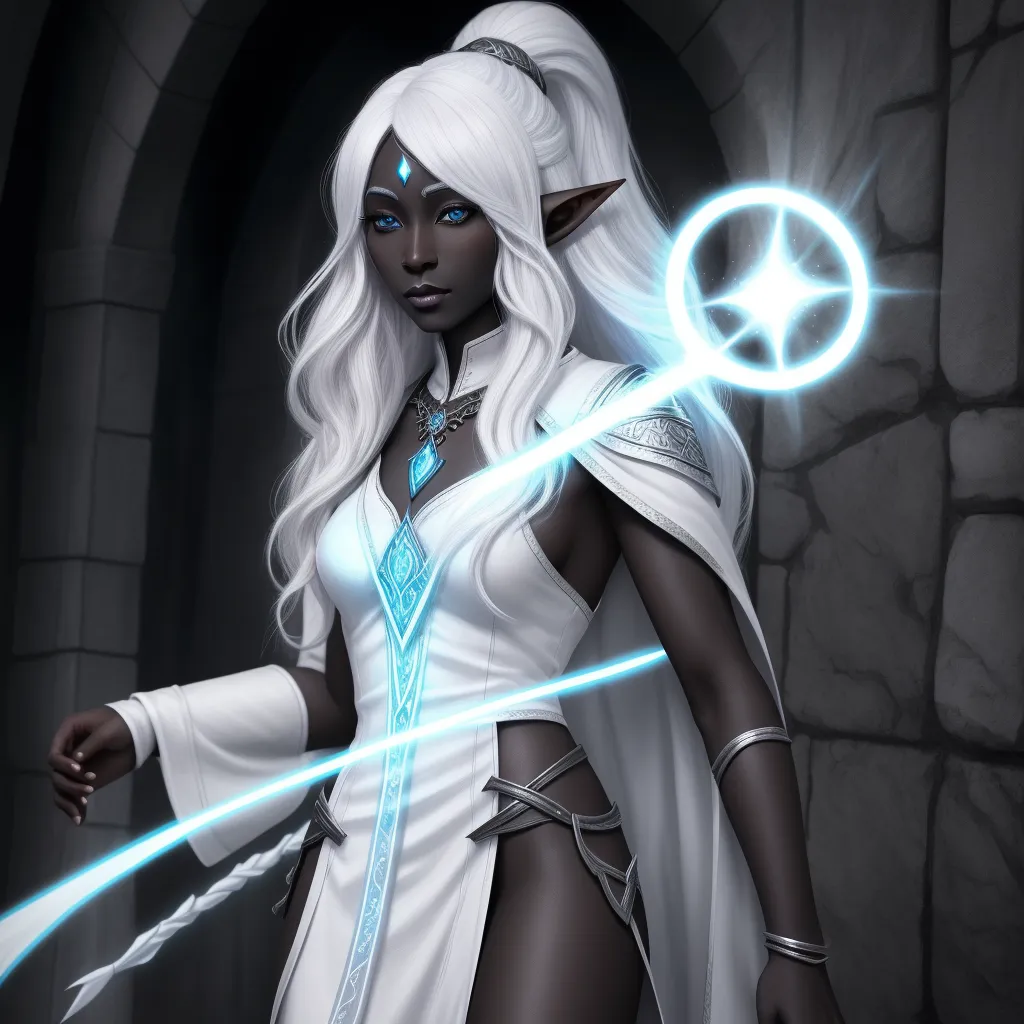 image ai generator: 1 female drow elf wizard, black skin, white hair,