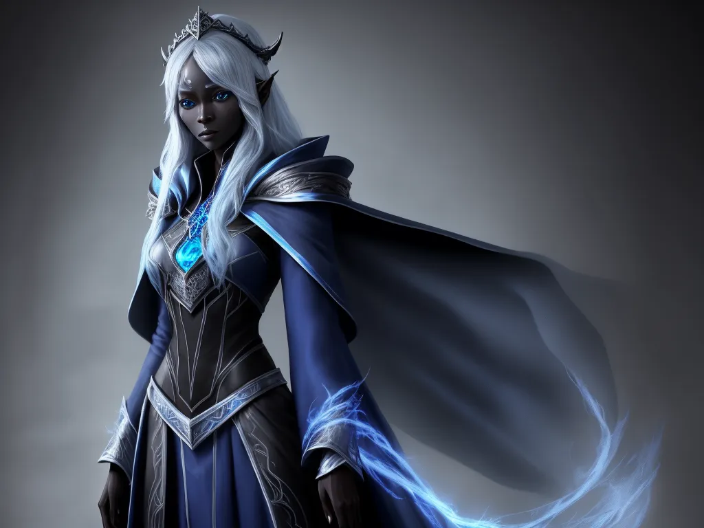 image ai generator: 1 solo female drow, full figure, blue robes,