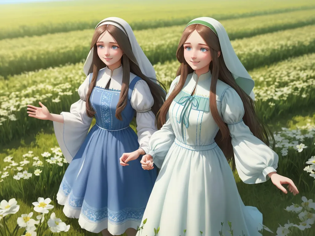 4k photo converter online - two girls in dresses standing in a field of flowers with their arms outstretched in the air, both wearing bonnets, by Fernando Amorsolo