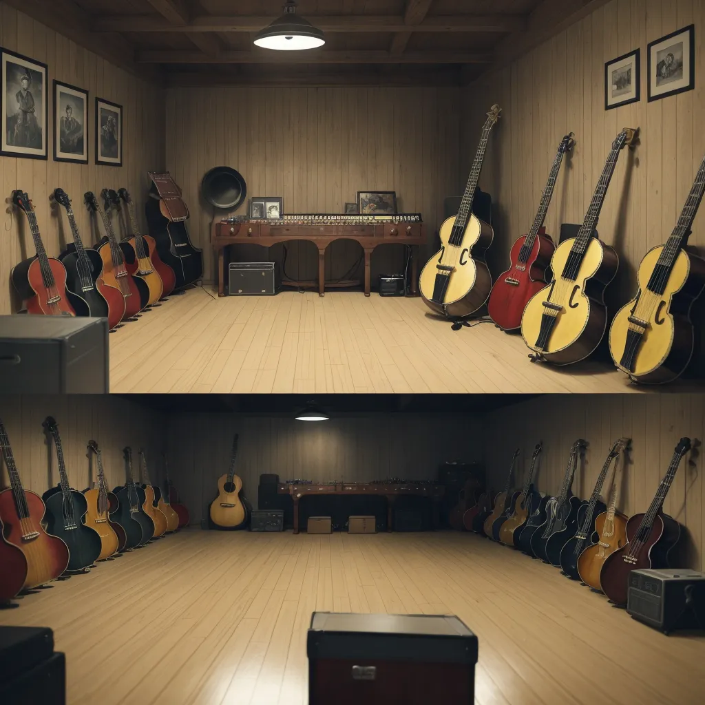 picture converter - a room with guitars and a record player in it and a speaker in the corner of the room with a record player, by Taiyō Matsumoto