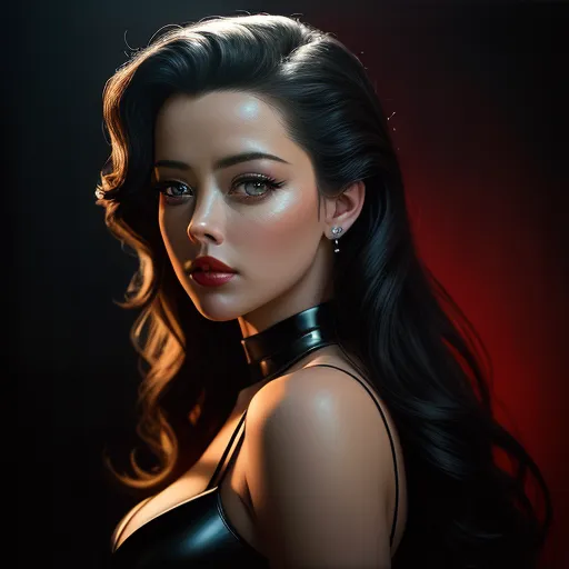 a woman with long hair wearing a choker and choker necklace, with a dark background and red light, by Lois van Baarle