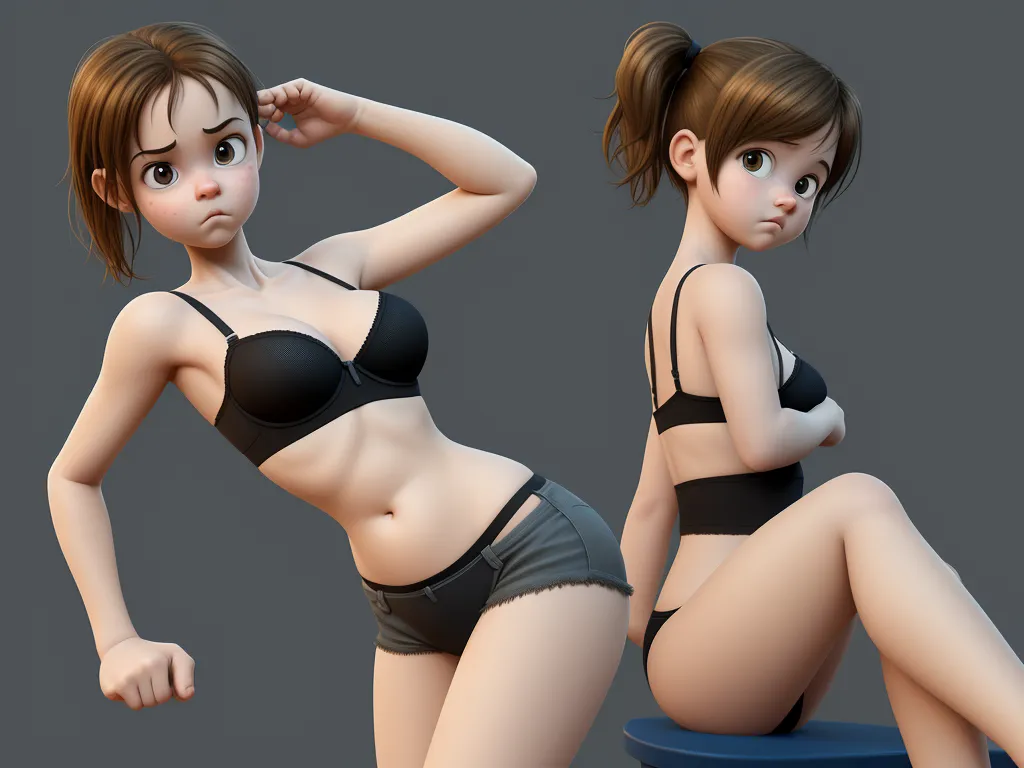 a 3d rendering of a woman in a bikini top and panties sitting on a stool with her hands behind her head, by Akira Toriyama