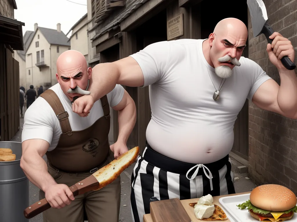 two men with knives and bread in their hands on a street corner with a brick wall and a brick building, by Pixar Concept Artists