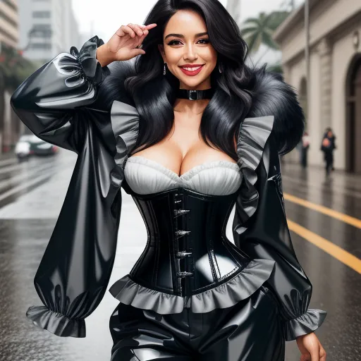 convert photo to 4k resolution - a woman in a corset and a black jacket posing for a picture on a wet street in the rain, by Diego Velázquez