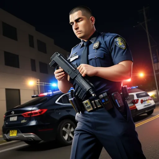 a police officer holding a gun while walking down the street at night time with a police car behind him, by Mike Winkelmann (Beeple)