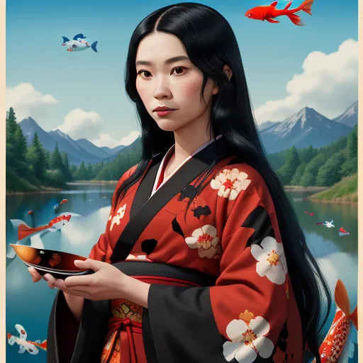 4k photo converter free - a woman in a kimono holding a bowl of food in front of a lake with fish in it, by Naomi Okubo