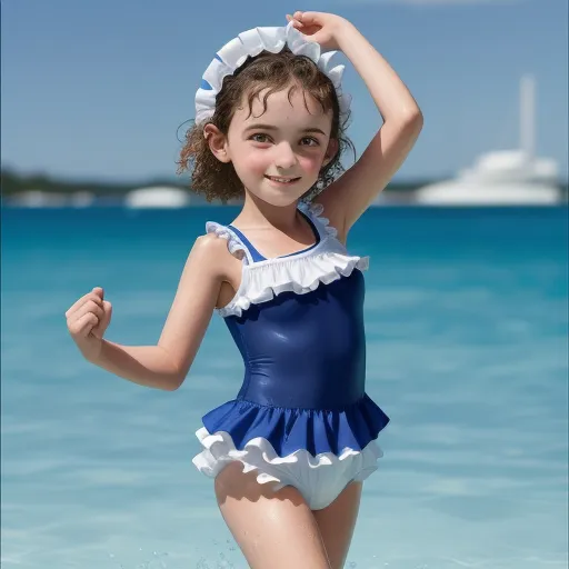 a little girl in a blue and white swimsuit standing in the water with her arms up in the air, by Sailor Moon