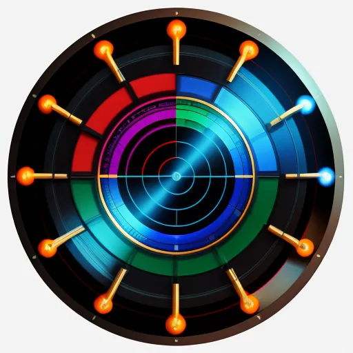 a colorful target with arrows and a white background is shown in the center of the image, with a white background and a black circle with orange and blue circles, by Oskar Fischinger