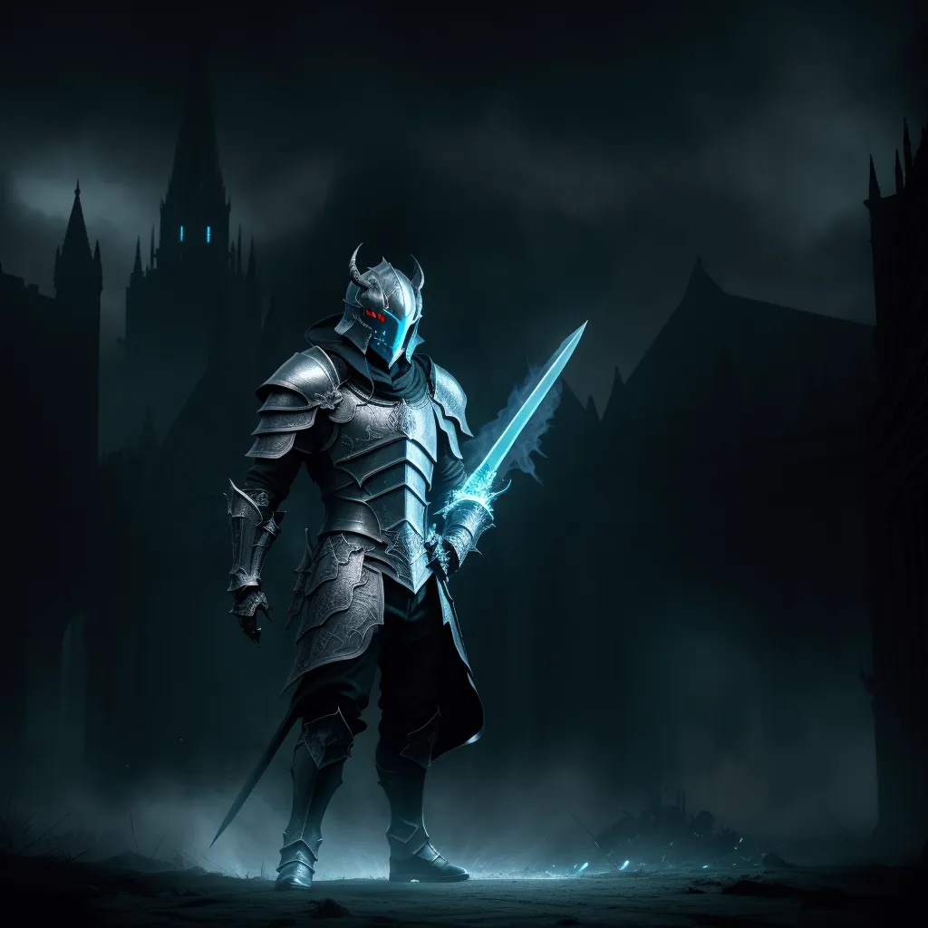 a man in a knight outfit holding a sword in a dark city at night with fog and fog behind him, by Antonio J. Manzanedo