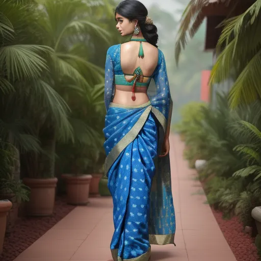 increase resolution of image - a woman in a blue sari walking down a path with palm trees in the background and a potted plant behind her, by Raja Ravi Varma