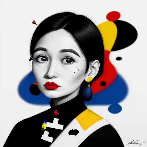 ai image enhancer - a woman with a colorful background and a black and white dress with a red, yellow, blue, and red design on her face, by Liu Ye