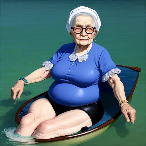 a woman sitting on a boat in the water with a big belly and glasses on her head, wearing a blue shirt and black shorts, by Ed Freeman