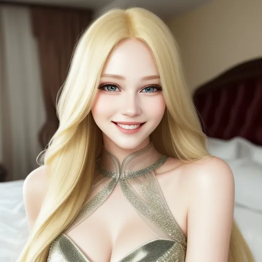 a woman with long blonde hair wearing a silver dress and a necklace on her neck and chest, smiling, by Chen Daofu