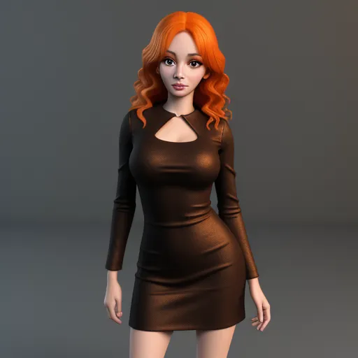 a woman with red hair is wearing a brown dress and heels, and is looking at the camera with a serious look on her face, by Hanna-Barbera