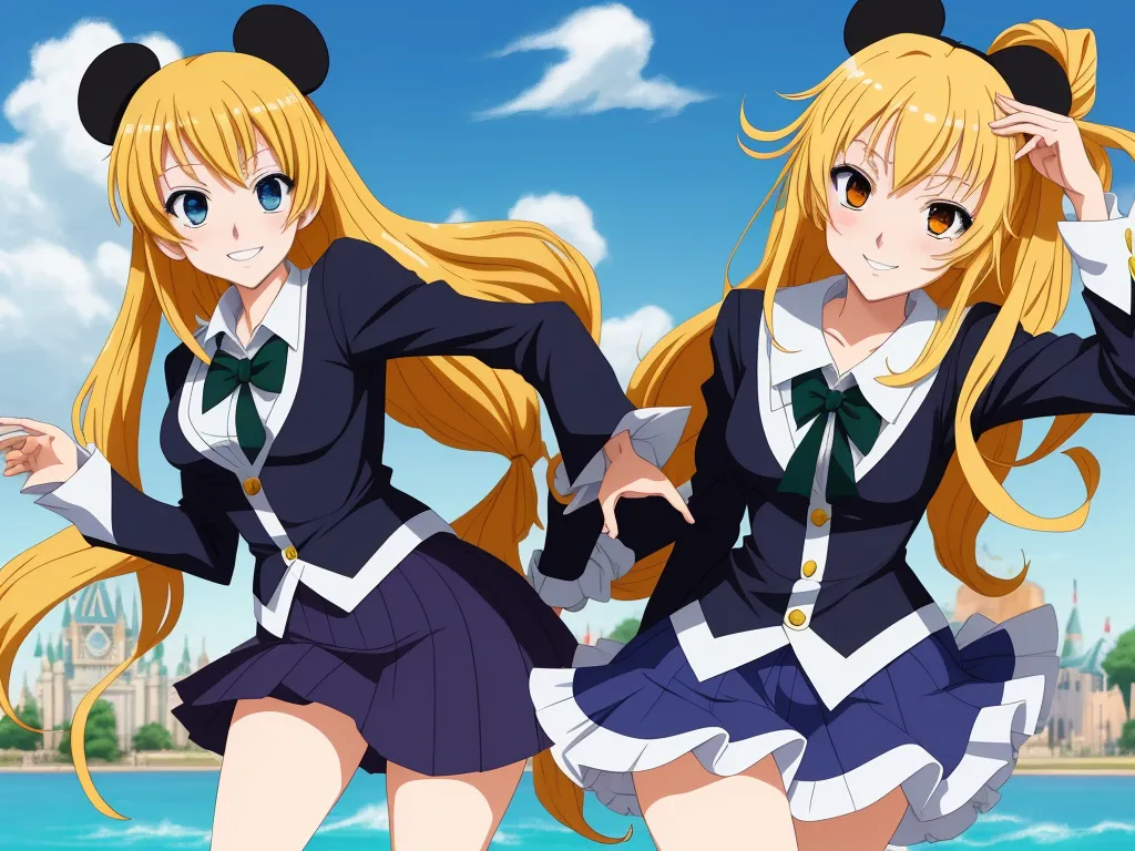 two anime girls in school uniforms standing next to each other in front of a castle and a body of water, by Toei Animations