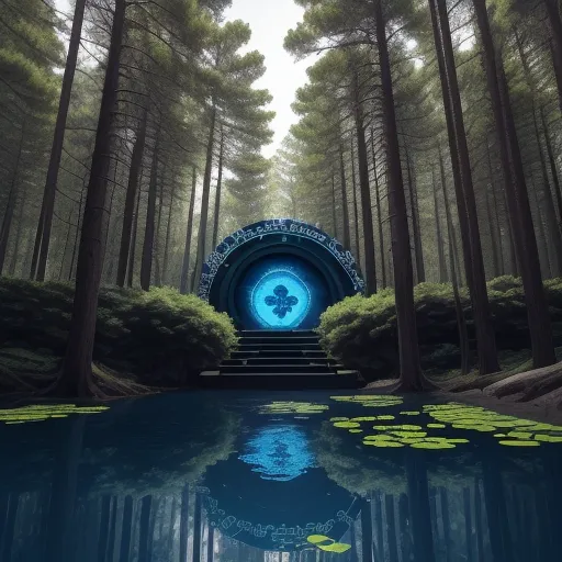 photo converter - a blue tunnel in the middle of a forest with a pond in front of it and a man in a suit standing in the doorway, by Andy Fairhurst