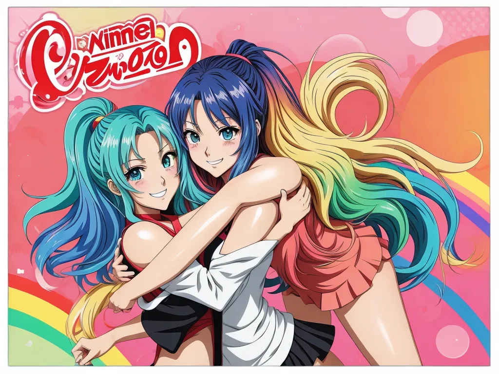 two anime girls hugging each other with a rainbow background behind them and the title of the anime girl group, by Toei Animations