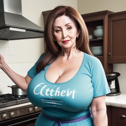 text ai image generator - a woman in a blue shirt is holding a stove top in a kitchen with a stove and cabinets behind her, by Botero