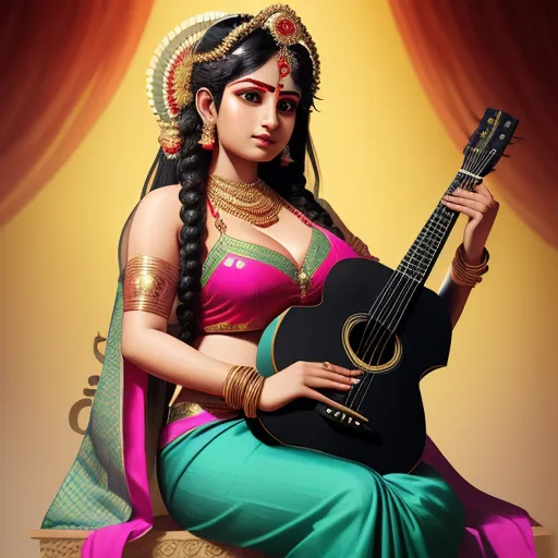 a woman in a sari holding a guitar in her hand and a yellow background behind her is a curtain, by Raja Ravi Varma