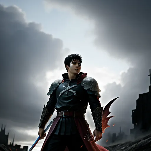 low quality - a man in a costume holding a sword and a sword in his hand with a dark sky in the background, by Kentaro Miura