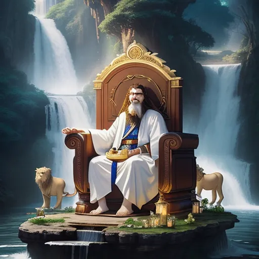 a man sitting on a throne in front of a waterfall with a dog and a cat on it's lap, by Cyril Rolando