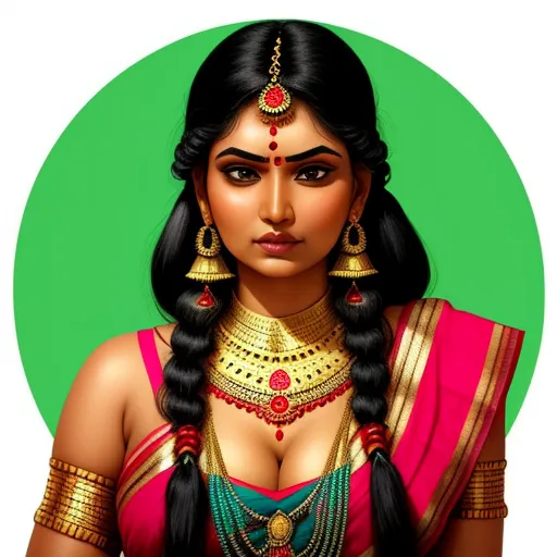 ultra high resolution images free - a woman in a red and gold outfit with a green circle behind her and a green circle behind her, by Raja Ravi Varma