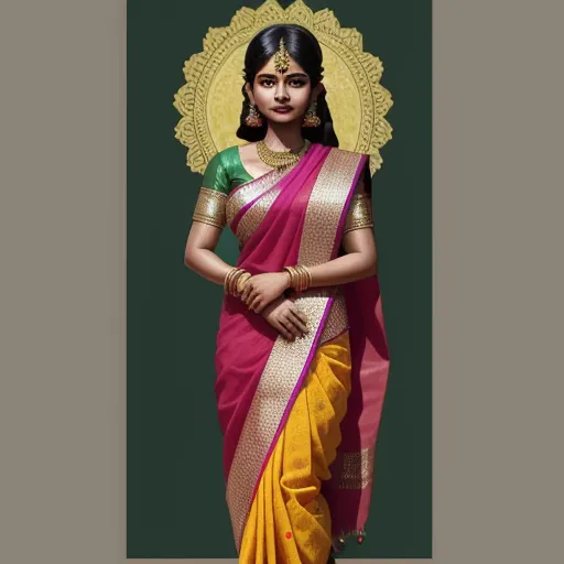 a woman in a yellow and pink sari with a green blouse and gold jewelry on her neck and shoulders, by Raja Ravi Varma