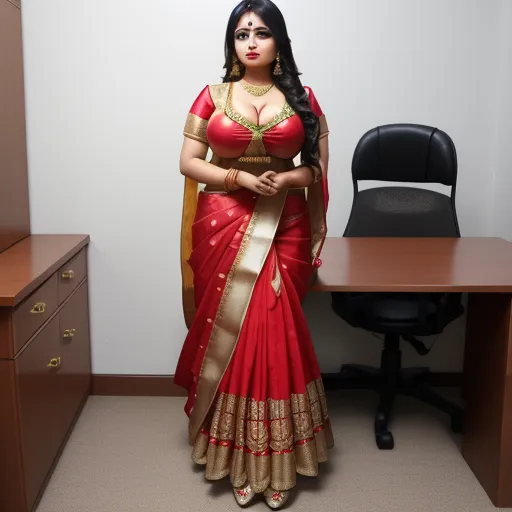 a woman in a red and gold sari standing in front of a desk with a chair and a black chair, by Botero